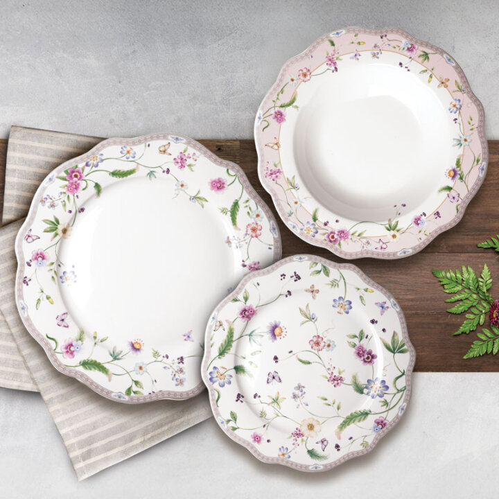 SERVIS ZA JELO 18 DIJELNI NEW BONE PETITE GARDEN PORCULAN DEKORIRANI - VALOVITI RUB