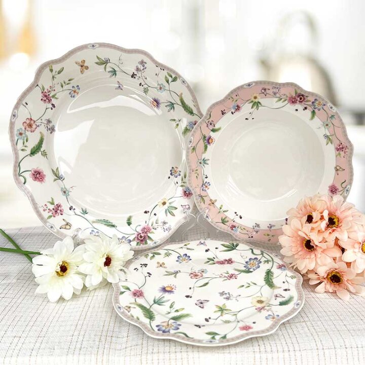 SERVIS ZA JELO 18 DIJELNI NEW BONE PETITE GARDEN PORCULAN DEKORIRANI - VALOVITI RUB