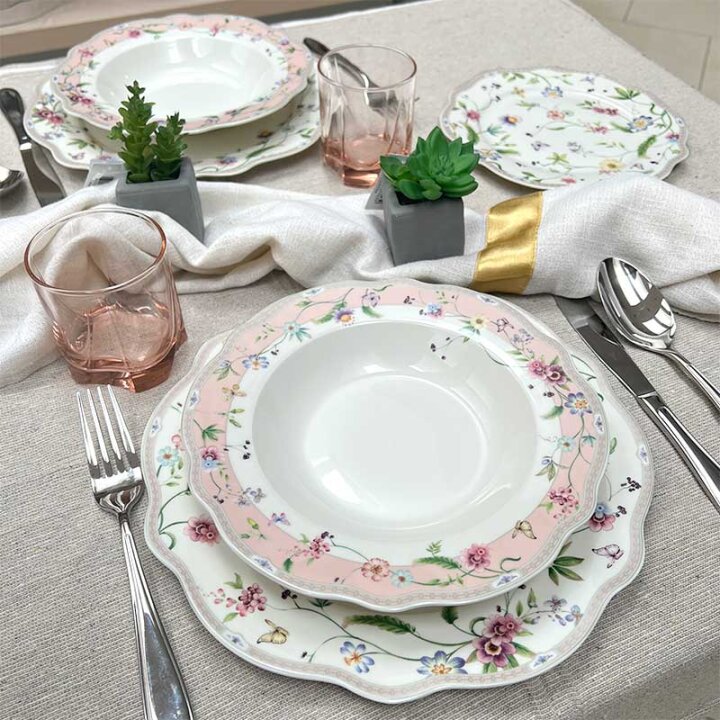 SERVIS ZA JELO 18 DIJELNI NEW BONE PETITE GARDEN PORCULAN DEKORIRANI - VALOVITI RUB