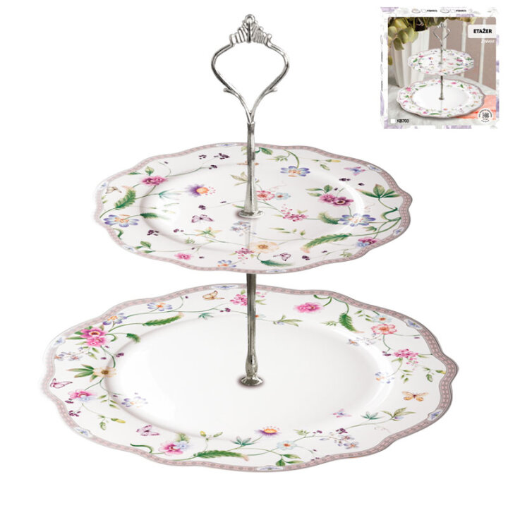 ETAŽER 2 NIVOA NEW BONE PORCULAN PETITE GARDEN DEKORIRANI 26,5 CM - VALOVITI RUB