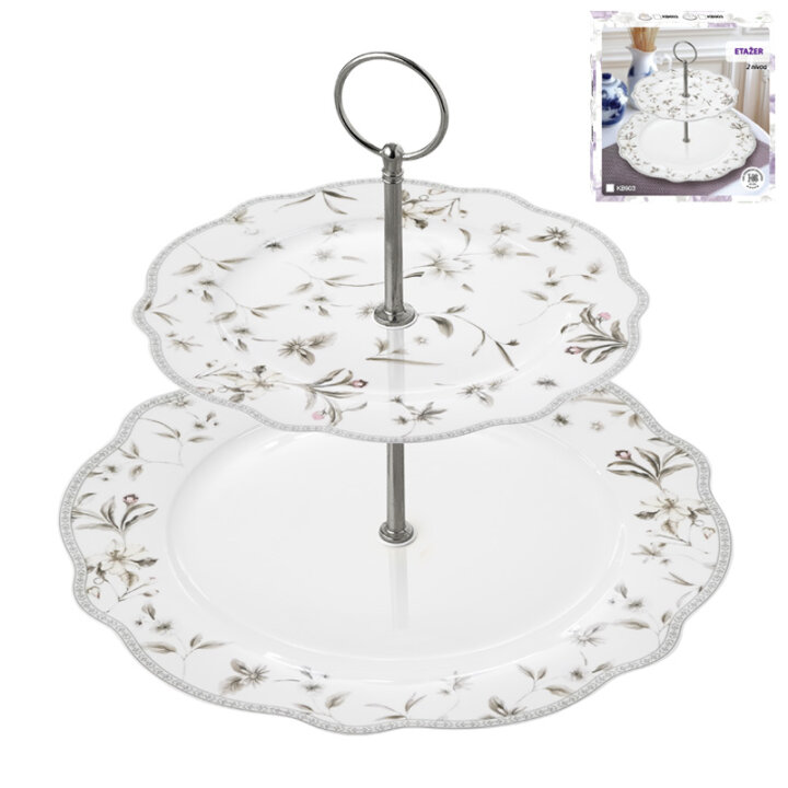 ETAŽER 2 NIVOA NEW BONE PORCULAN FLORAL GRACE DEKORIRANI 26,5 CM - VALOVITI RUB