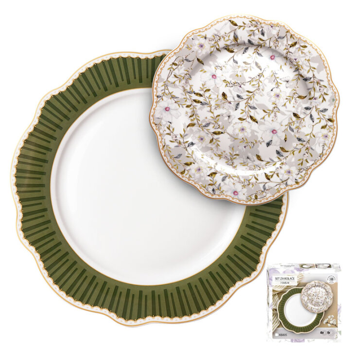 SET ZA KOLAČE 7 DIJELNI NEW BONE FLORAL MEADOW PORCULAN DEKORIRANI - VALOVITI RUB