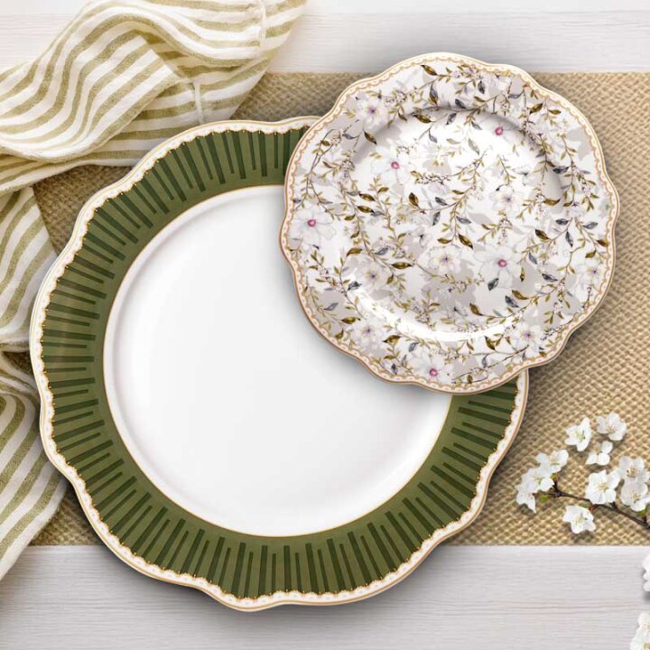 SET ZA KOLAČE 7 DIJELNI NEW BONE FLORAL MEADOW PORCULAN DEKORIRANI - VALOVITI RUB