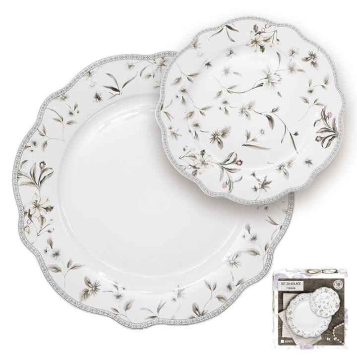 SET ZA KOLAČE 7 DIJELNI NEW BONE FLORAL GRACE PORCULAN DEKORIRANI - VALOVITI RUB