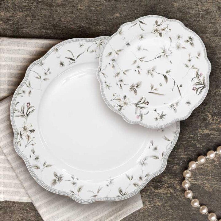 SET ZA KOLAČE 7 DIJELNI NEW BONE FLORAL GRACE PORCULAN DEKORIRANI - VALOVITI RUB