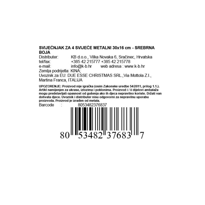 SVIJEĆNJAK ZA 4 SVIJEĆE METALNI 30x16 cm - SREBRNA BOJA