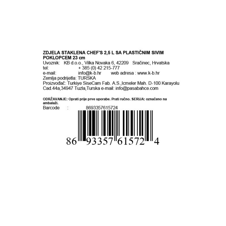ZDJELA STAKLENA CHEF'S 2,5 L SA PLASTIČNIM POKLOPCEM 23 CM SIVA