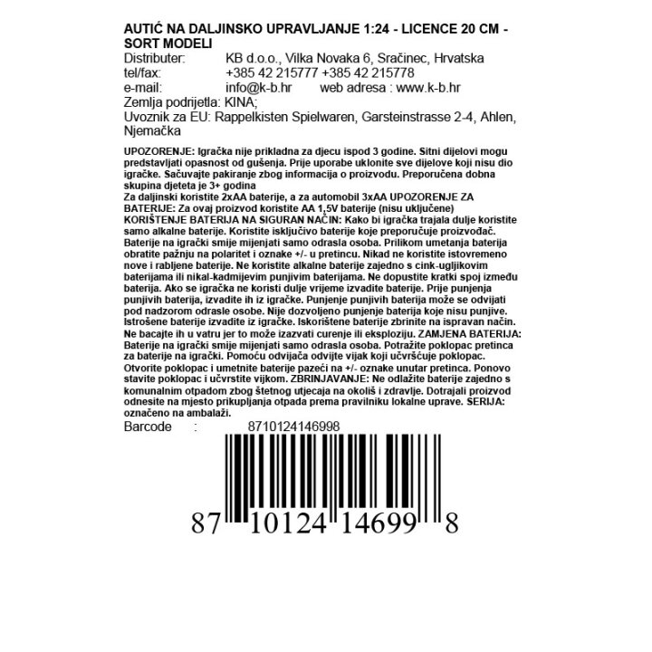 AUTIĆ NA DALJINSKO UPRAVLJANJE 1:24 - LICENCE 20 CM - SORT MODELI