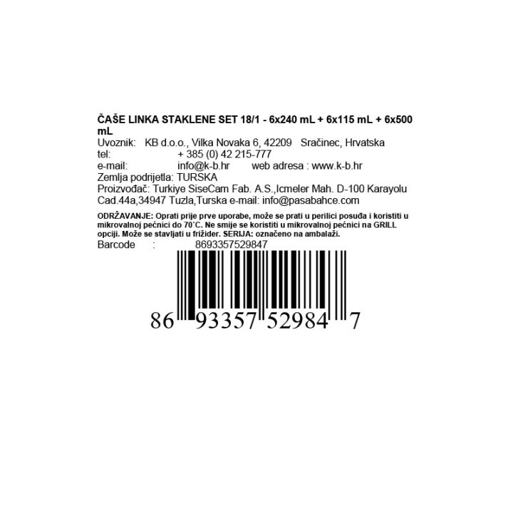 ČAŠE LINKA STAKLENE SET 18/1 - 6x240 mL + 6x115 mL + 6x500 mL