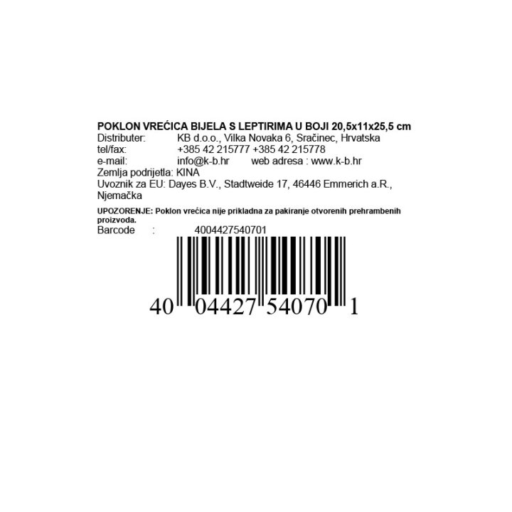POKLON VREĆICA BIJELA S LEPTIRIMA U BOJI 20,5x11x25,5 cm