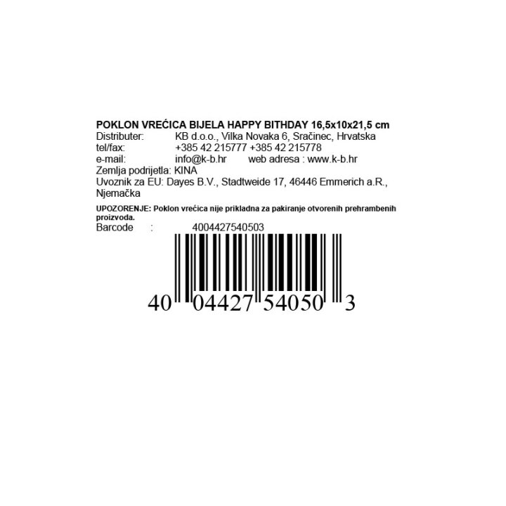 POKLON VREĆICA BIJELA HAPPY BITHDAY 16,5x10x21,5 cm