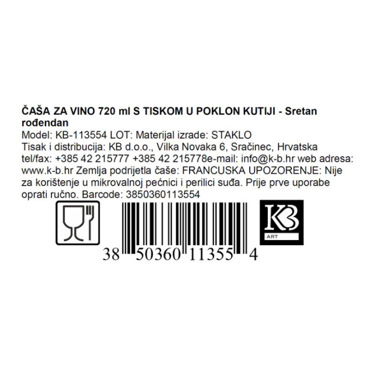 ČAŠA ZA VINO 720 ml S TISKOM U POKLON KUTIJI - Sretan rođendan