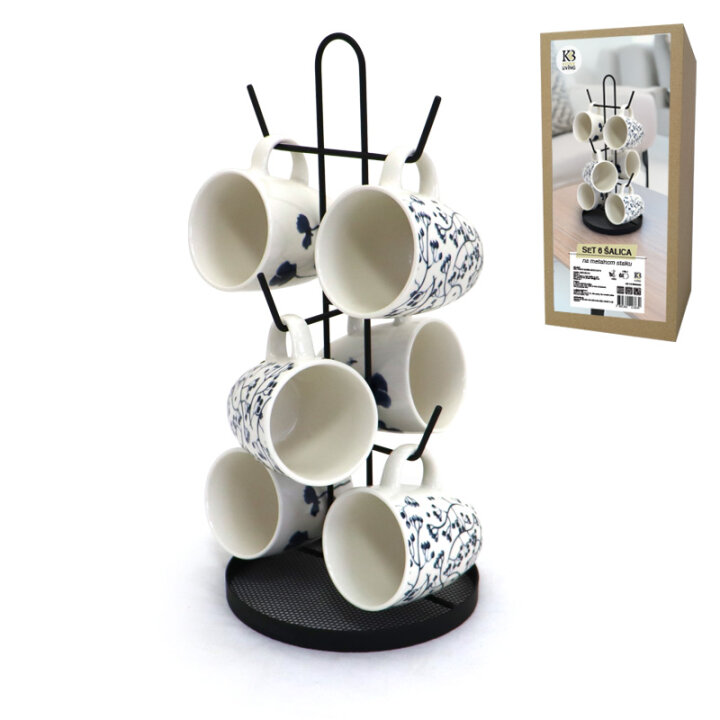 SET 6 ŠALICA 230 ml PORCULAN NA METALNOM STALKU 37,5 cm BIJELO/PLAVE