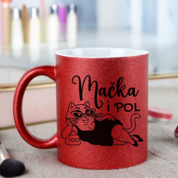 ŠALICA KERAMIČKA S TISKOM U POKLON KUTIJI GLITER CRVENA - Mačka i pol