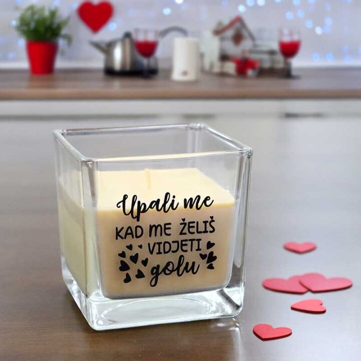 MIRISNA SVIJEĆA U STAKLENOM SVIJEĆNJAKU S TISKOM -  Upali me kad me želiš...8 cm