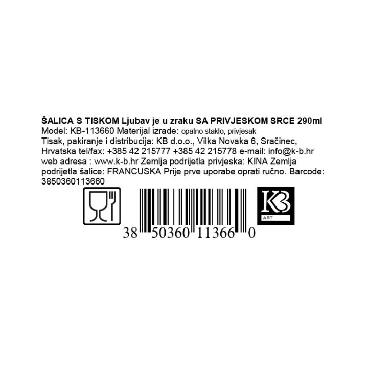 ŠALICA OPAL S TISKOM Ljubav je u zraku SA PRIVJESKOM SRCE 290ml