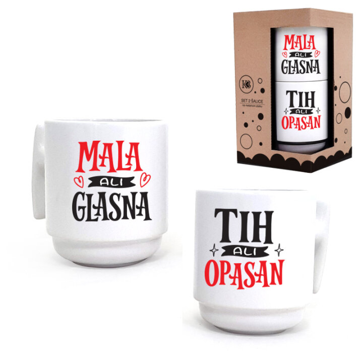 SET ŠALICE KERAMIČKE S TISKOM NA STALKU U KUTIJI 2/1 BIJELA Mala/Tih