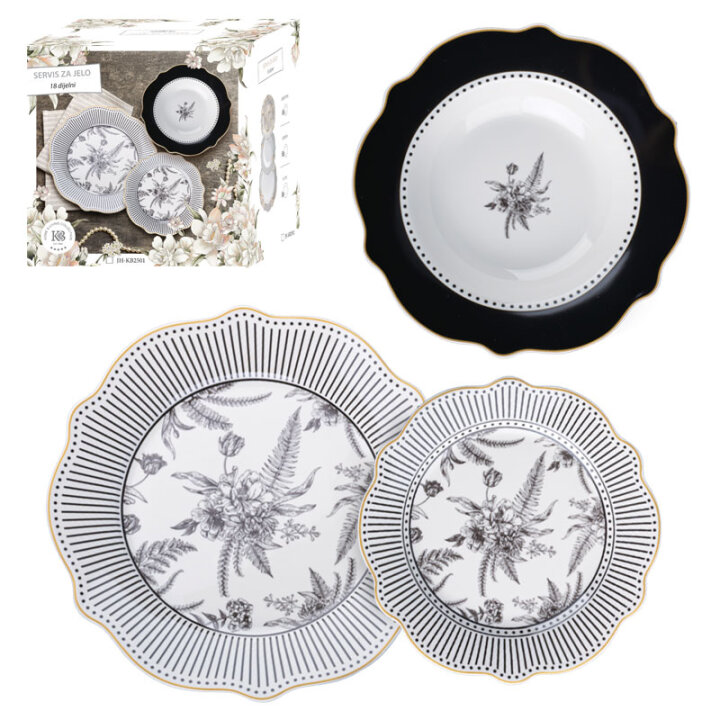 SERVIS ZA JELO TIMELESS NOIR 18 DIJELNI PORCULAN NEW BONE C. - VALOVITI RUB