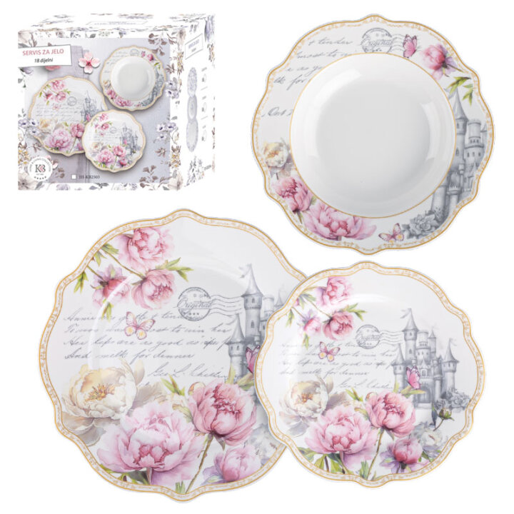 SERVIS ZA JELO ROSE REVERIE 18 DIJELNI PORCULAN NEW BONE C. - VALOVITI RUB