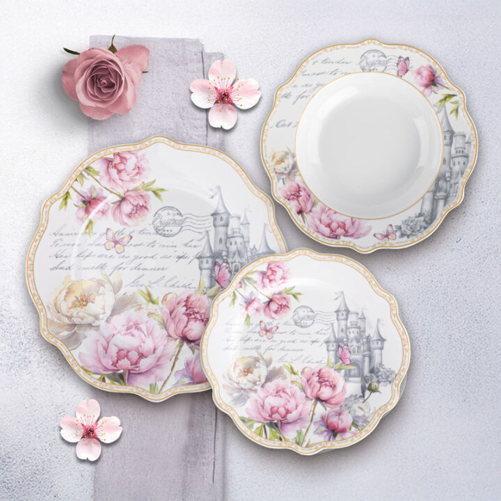 SERVIS ZA JELO ROSE REVERIE 18 DIJELNI PORCULAN NEW BONE C. - VALOVITI RUB