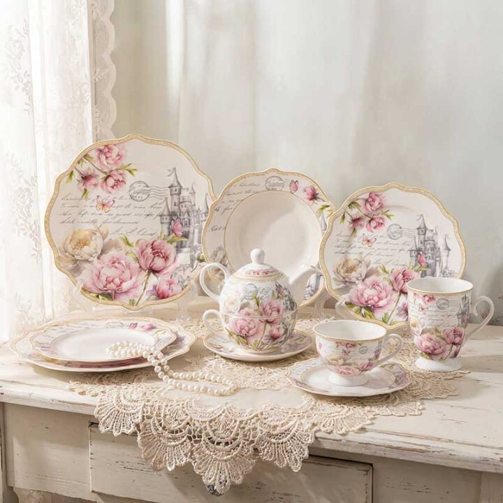 SERVIS ZA JELO ROSE REVERIE 18 DIJELNI PORCULAN NEW BONE C. - VALOVITI RUB