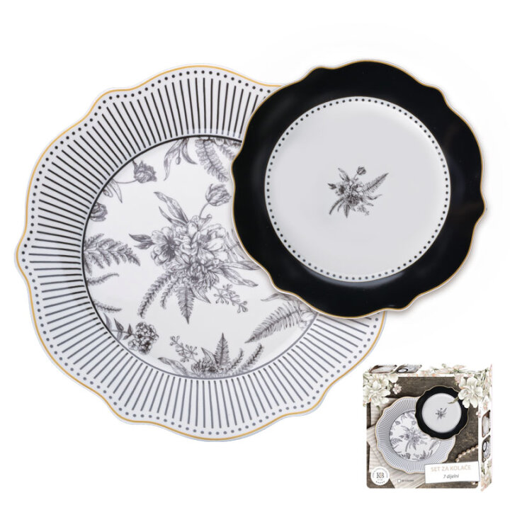 SET ZA KOLAČE TIMELESS NOIR 7 DIJELNI PORCULAN NEW BONE C. - VALOVITI RUB