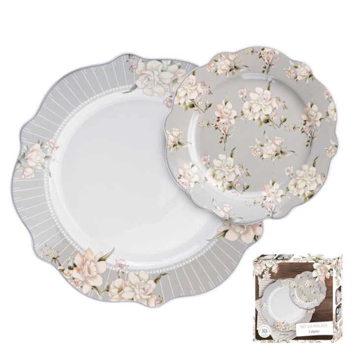 SET ZA KOLAČE CHAMPAGNE BLOSSOM 7 DIJELNI PORCULAN NEW BONE C. - VALOVITI RUB