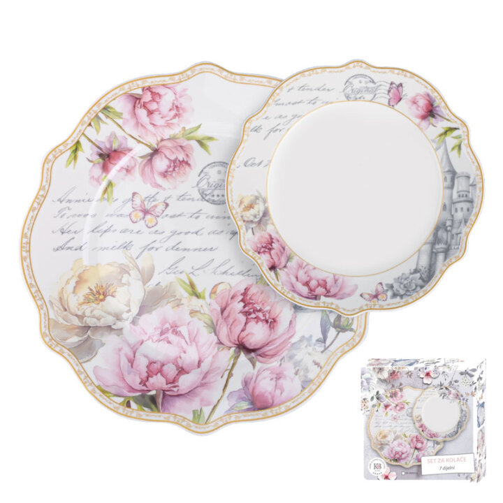 SET ZA KOLAČE ROSE REVERIE 7 DIJELNI PORCULAN NEW BONE C. - VALOVITI RUB