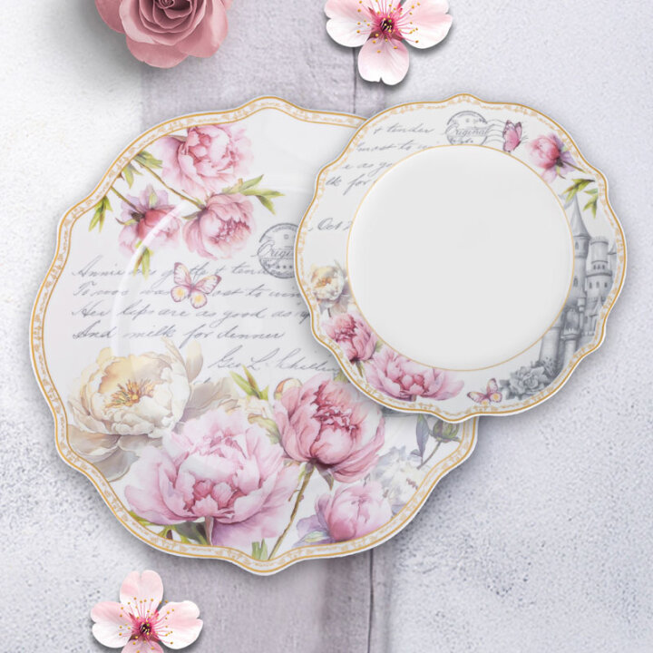SET ZA KOLAČE ROSE REVERIE 7 DIJELNI PORCULAN NEW BONE C. - VALOVITI RUB
