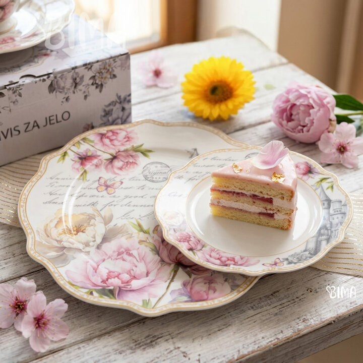 SET ZA KOLAČE ROSE REVERIE 7 DIJELNI PORCULAN NEW BONE C. - VALOVITI RUB