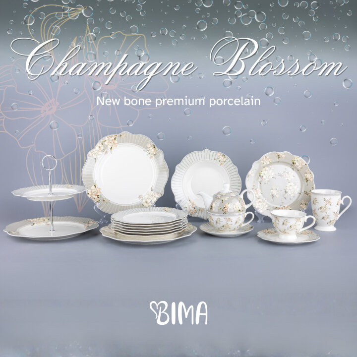 ČAJNIK S ŠALICOM CHAMPAGNE BLOSSOM PORCULAN NEW BONE C. 430 / 280 mL