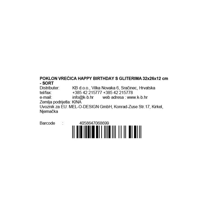 POKLON VREĆICA HAPPY BIRTHDAY S GLITERIMA 32x26x12 cm - SORT