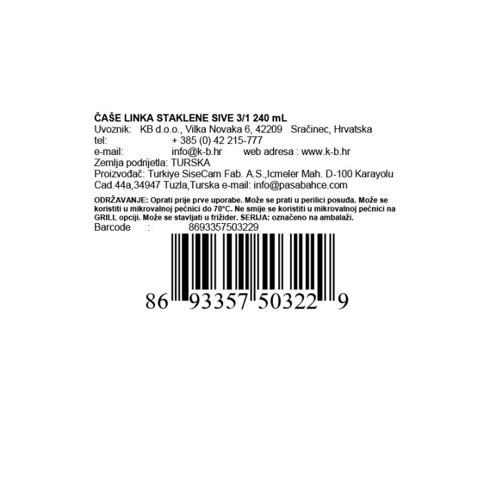 ČAŠE LINKA STAKLENE SIVE 3/1 240 mL