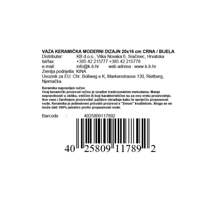 VAZA KERAMIČKA MODERNI DIZAJN 20x16 cm CRNA / BIJELA