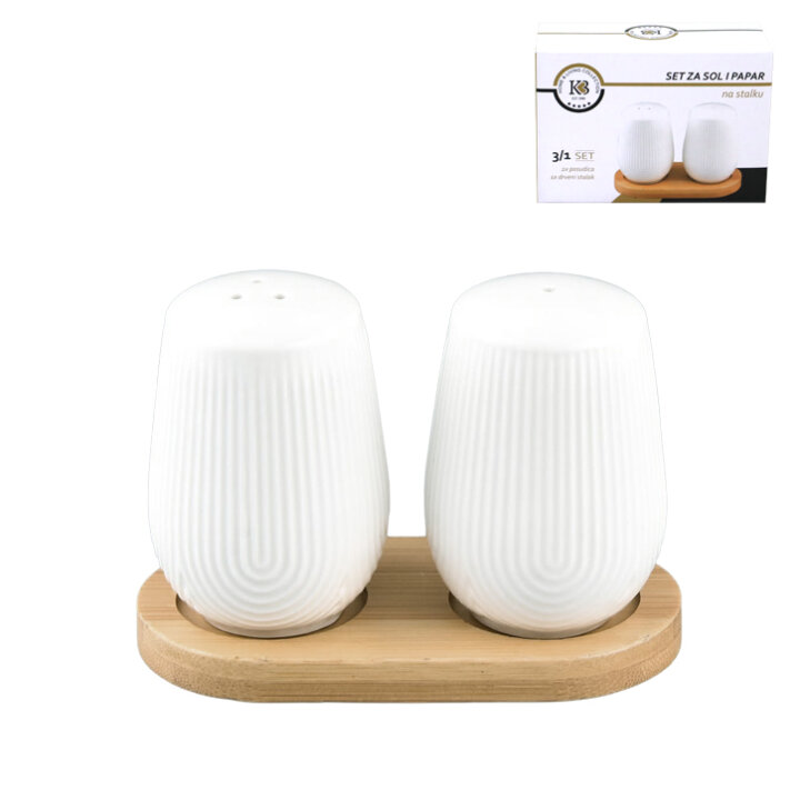 SET PORCULANSKIH POSUDICA ZA SOL I PAPAR 2/1 NA DRVENOM STALKU 11,5x6,5x7,8 CM LINEA