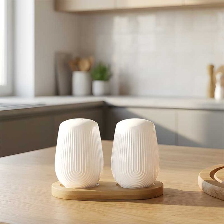 SET PORCULANSKIH POSUDICA ZA SOL I PAPAR 2/1 NA DRVENOM STALKU 11,5x6,5x7,8 CM LINEA