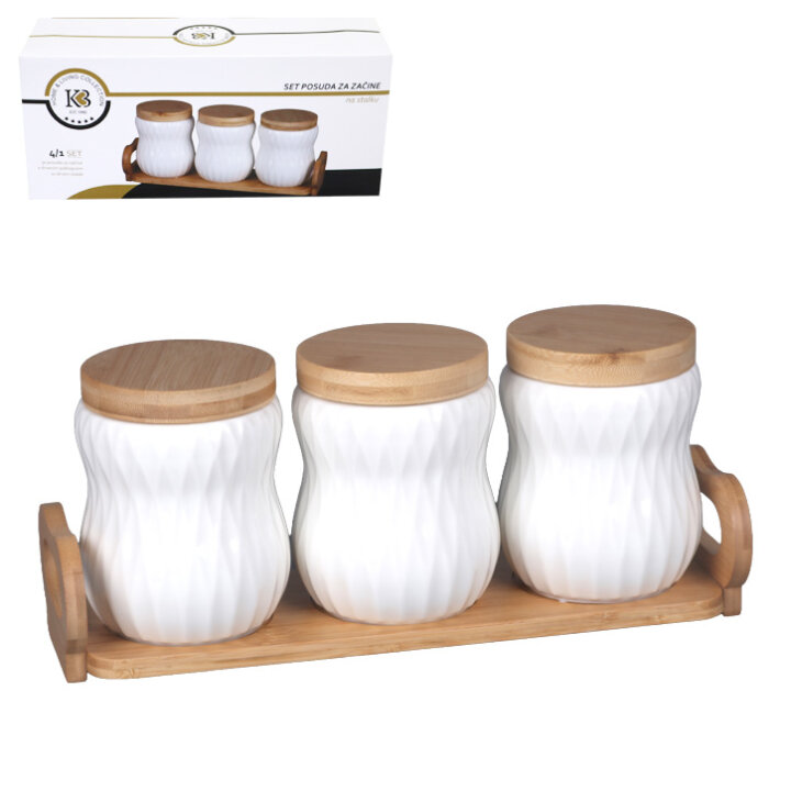 SET 3 POSUDE ZA ZAČINE - PORCULAN I DRVO 34x10,5x14,5 CM PRISMA