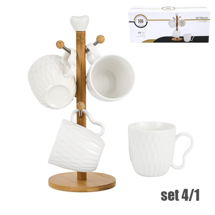 SET 4 ŠALICE NA STALKU 300 mL - PORCULAN I DRVO 18x18x31 CM PRISMA