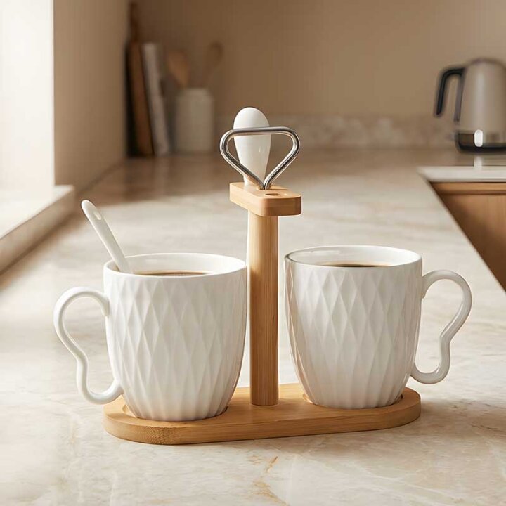SET 2 ŠALICA I ŽLIČICE 300 mL - PORCULAN I DRVO 17x8,5x18 CM PRISMA