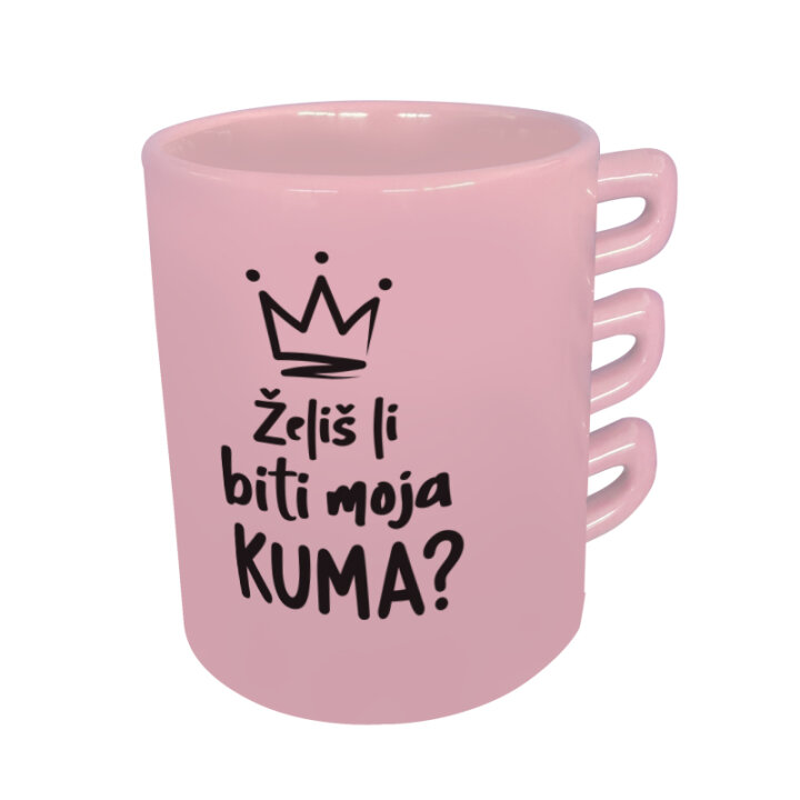 ŠALICA KERAMIČKA S TISKOM Želiš li biti moja kuma ROZA S VALOVITOM RUČKOM