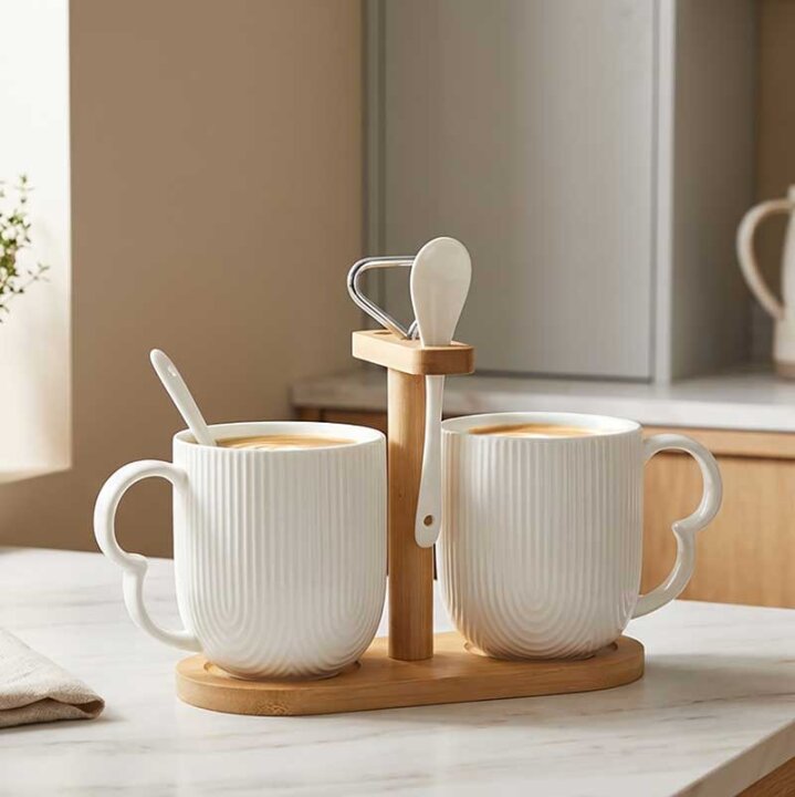ŠALICE PORCULANSKE LINEA 2/1 I DVIJE ŽLIČICE 300 mL NA STALKU 17x8,5x18 cm