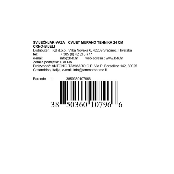 SVIJEĆNJAK-VAZA  CVIJET MURANO TEHNIKA 24 CM CRNO-BIJELI