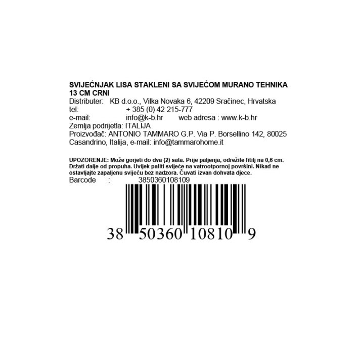 SVIJEĆNJAK LISA STAKLENI SA SVIJEĆOM MURANO TEHNIKA 13 CM CRNI