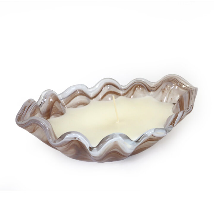 SVIJEĆNJAK BRODIĆ STAKLENI SA SVIJEĆOM MURANO TEHNIKA 26,5x16 CM BIJELO-SMEĐA