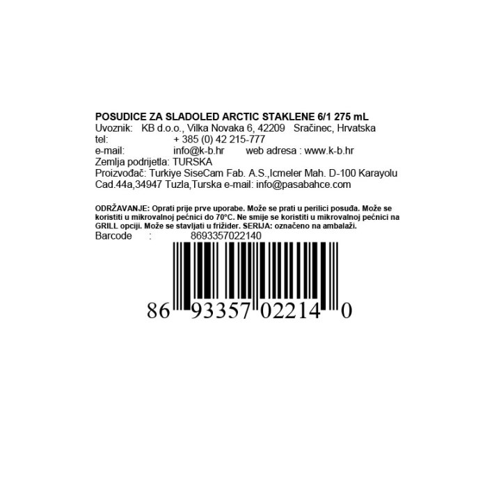 POSUDICE ZA SLADOLED ARCTIC STAKLENE 6/1 275 mL