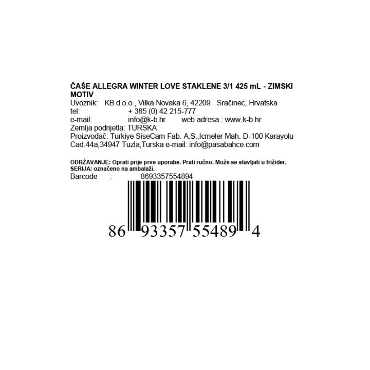 ČAŠE ALLEGRA WINTER LOVE STAKLENE 3/1 425 mL - ZIMSKI MOTIV