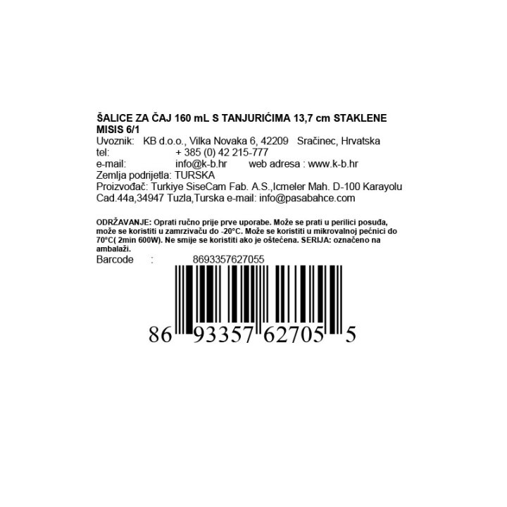ŠALICE ZA ČAJ 160 mL 13,7 cm STAKLENE MISIS 6/1