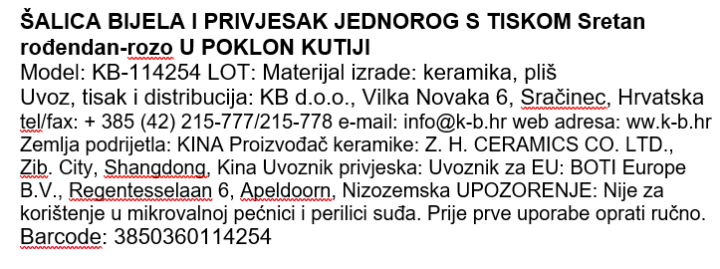 ŠALICA BIJELA I PRIVJESAK JEDNOROG S TISKOM Sretan rođendan-rozo U POKLON KUTIJI