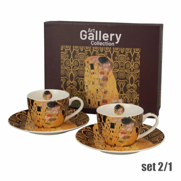 ŠALICE ZA KAVU PORCULANSKE 2/1 110 ML U POKLON KUTIJI - THE KISS BROWN GUSTAV KLIMT