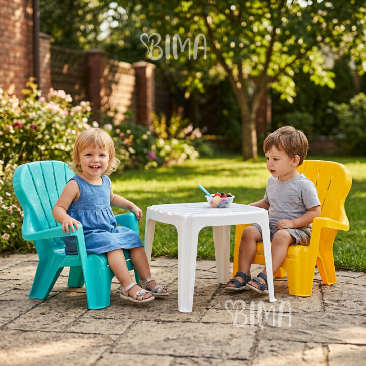 STOLIĆ SET SA DVIJE STOLICE 45 cm PLASTIČNI BIJELO-PLAVO-ŽUTI